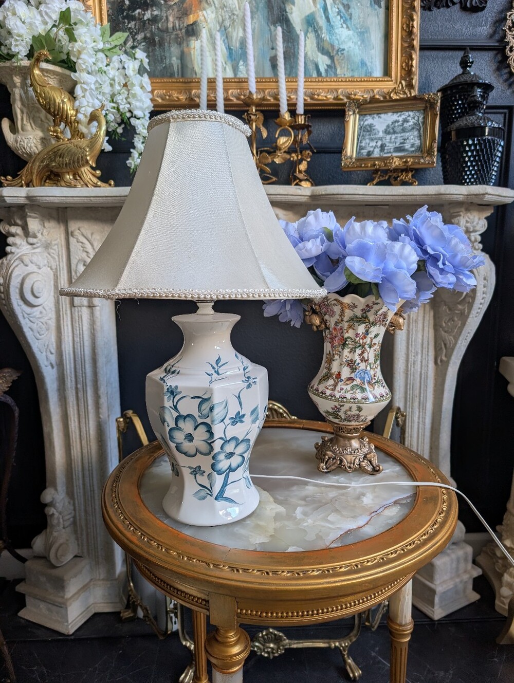 Vintage Blue Floral Ceramic Table Lamp, MCM Lace Trim Bell Shape Shade 23" x 14"